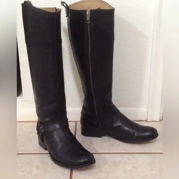 **SALE** Frye Philip Harness Black Tall Inside Zip Boots - Picture 2 of 11